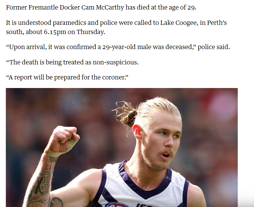 Cam McCarthy dead: Former Fremantle Dockers and GWS player found unresponsive at Lake Coogee. 

#AFL