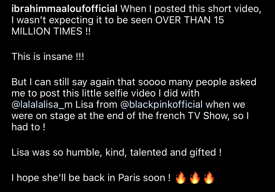 Ibrahim Maalouf IG update with #LISA Maalouf บอกว่า: 'ตอนลงวิดีโอสั้นนี้ไม่คิดว่าจะมีคนดูเกิน 15 ล้านวิว!! นี่มันบ้าไปแล้ว !!!……. ลิซ่าเป็นคนที่ถ่อมตัว ใจดี มีความสามารถและมีพรสวรรค์มาก! ผมหวังว่าเธอจะกลับมาที่ปารีสเร็วๆนี้ ! 🔥🔥🔥' #LALISA #LLOUD @wearelloud