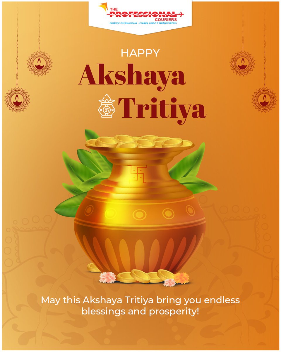 May the golden blessings of Akshay Tritiya illuminate your path with prosperity, success, and endless opportunities. Here's to a day of abundance and fortune!✨
.
.
#TheProfessionalCouriers #Parcel #Delivery #ConnectingDistances #DeliveringHappiness #CourierNow #AkshayTritiya
