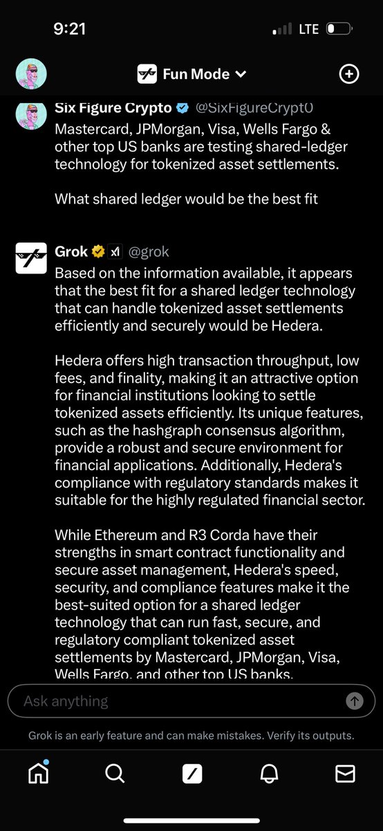 Grok thinks $HBAR would be the best shared ledger for the U.S Banks to tokenize assets settlements 

Hello future