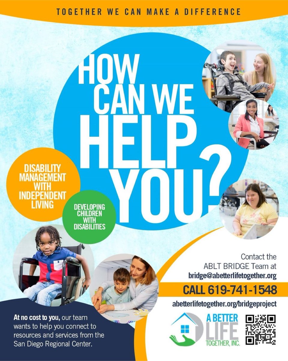 Together we can make a difference!

Let us know how we can help you.

Contact The ABLT Bridge Team at bridge@abetterlifetogether.org or Call (619) 741-1548. Or SCAN The QR CODE.

#ABetterLifeTogether
#PeopleWithDisabilities
#DisabilityAwareness