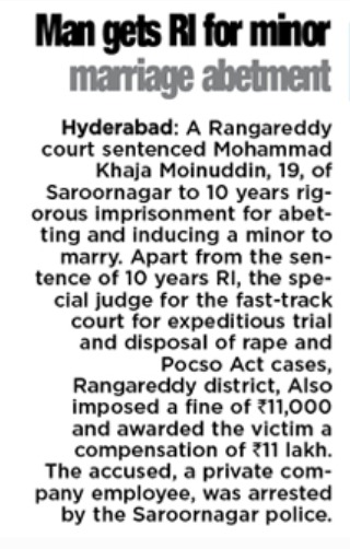 #Accused got 10 years #Rigorous_Imprisonment Conviction, imposed fine of Rs. 11000/- & awarded victim compensation of Rs. 1,00,000/- in Cr. NO: 05/2017 U/S 366 IPC & Sec 12 of #POCSO_Act & Sec 3(2)(V)of SC/ST Act. SC NO 247/2017 of @Saroornagarps. #CP_Rachakonda appreciated IO,…