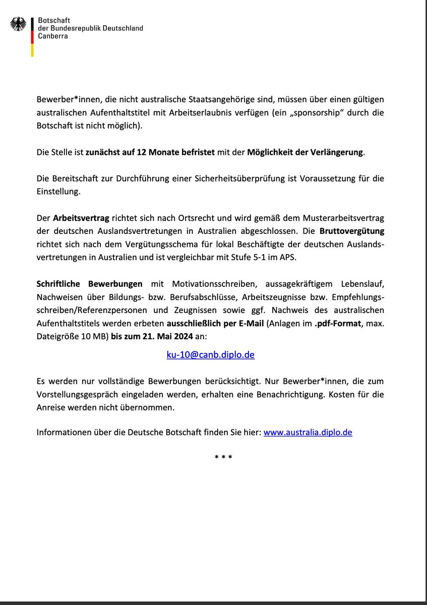 📢VACANCY NOTICE! Join our Team🤩! The 🇩🇪 Embassy Canberra is seeking an Adviser (m\f\o) in the #political and #protocol section (full time position, 38 hours per week) starting in #June 2024. ➡️ Please apply by ⏰ 21 May 2024 via email. Please see below for more details 👇