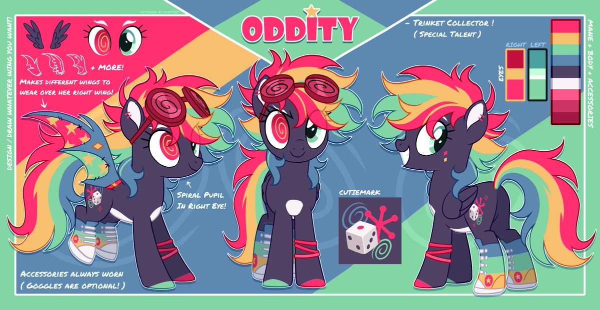 Oddity ref sheet! Funky pone 🎲
she makes her own different wings to wear over her right wing! any wings! the weirder the better ^_^

(she's meant to be cluttered and a lot! she's weird :3)

#mlpfim #mlpoc #mlp #oc