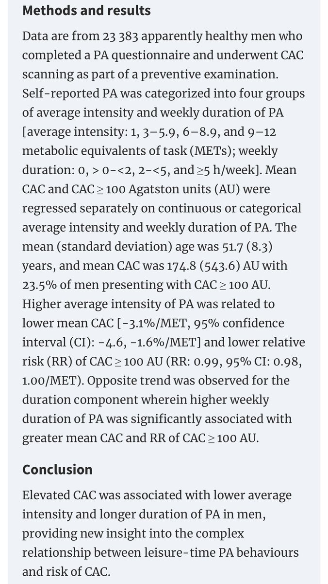 Longer duration of low intensity activity appears to be associated with elevated calcium scores. Does this mean short bursts of high intensity exercise is the way to go? Truly a complex relationship! #sportscardiology #preventivecardiology