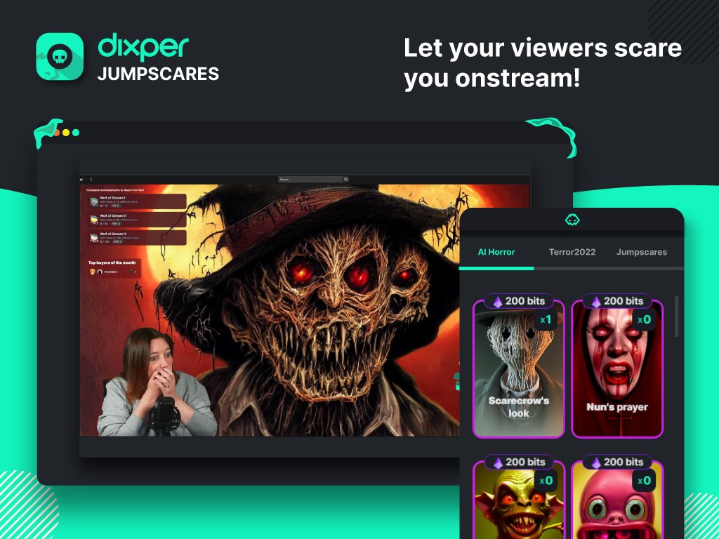 Con JumpScares de Dixper, tus espectadores pueden usar Twitch Bits para enviarte sustos en tiempo real, haciendo que tus transmisiones sean inolvidables, impulsando el crecimiento de tu canal y comunidad. ¡No te lo pierdas!🎮 📌Clic aquí para instalar 👉 bit.ly/MiniDixper