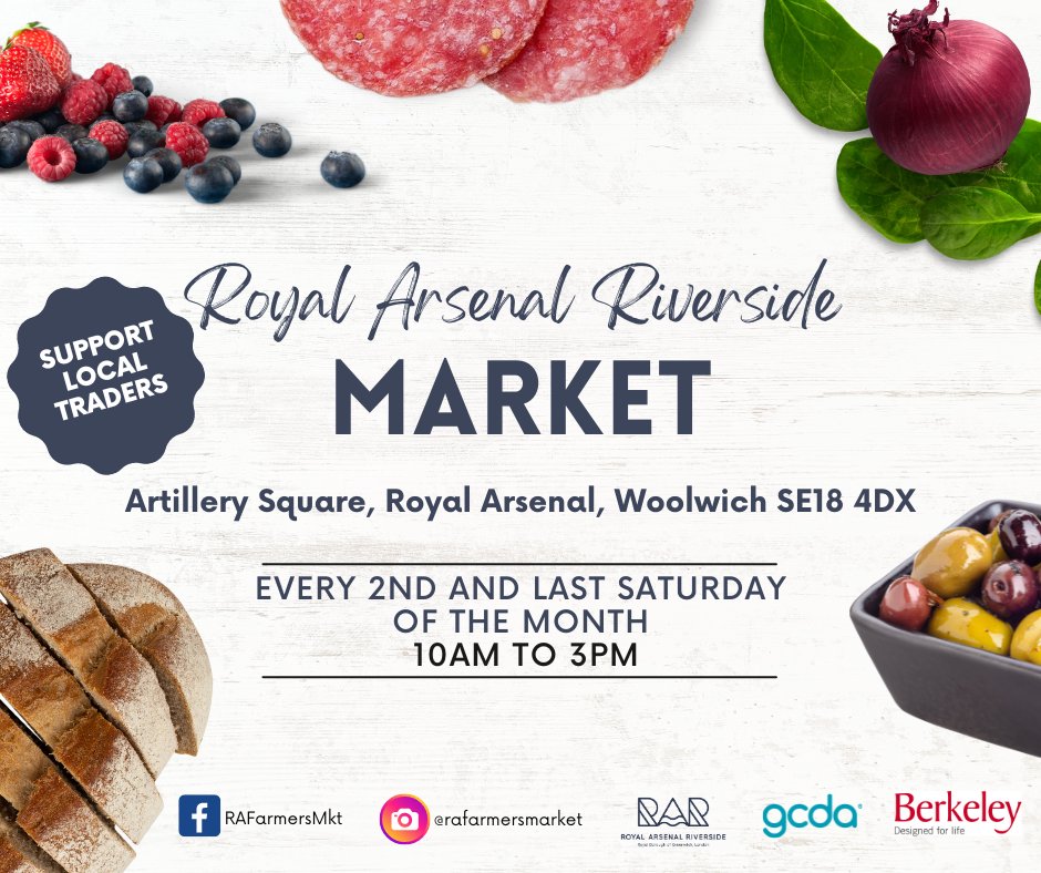 Join us this Saturday 11th May at Artillery Square, Woolwich from 10am til 3pm for lovely street-food, fruit & veg, fresh meat & poultry, sweet-treats and produce!