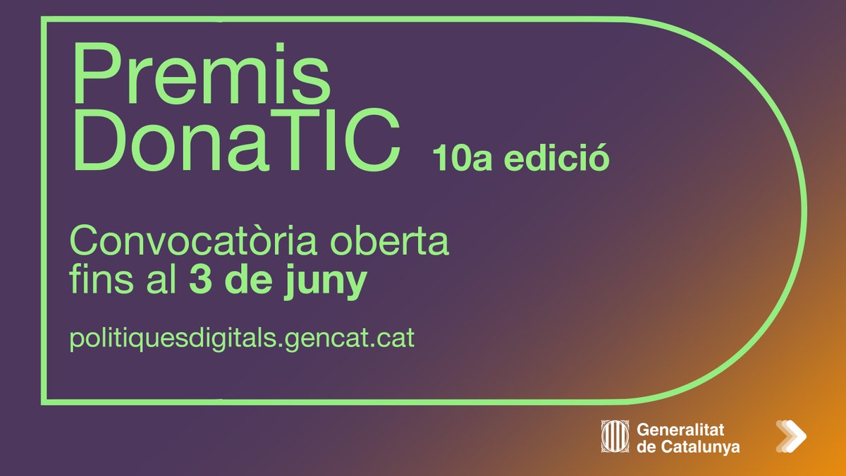 👩🏽‍💻 La 10a edició dels #PremisDonaTIC ja està en marxa! Candidatures fins al 3/6 👉 tuit.cat/E92bk 🏅Els guardons tenen per objectiu incrementar la presència, l’apoderament i el lideratge femení en les tecnologies digitals #PlaDonaTIC @icdones @odeecambra @TertuliaDig