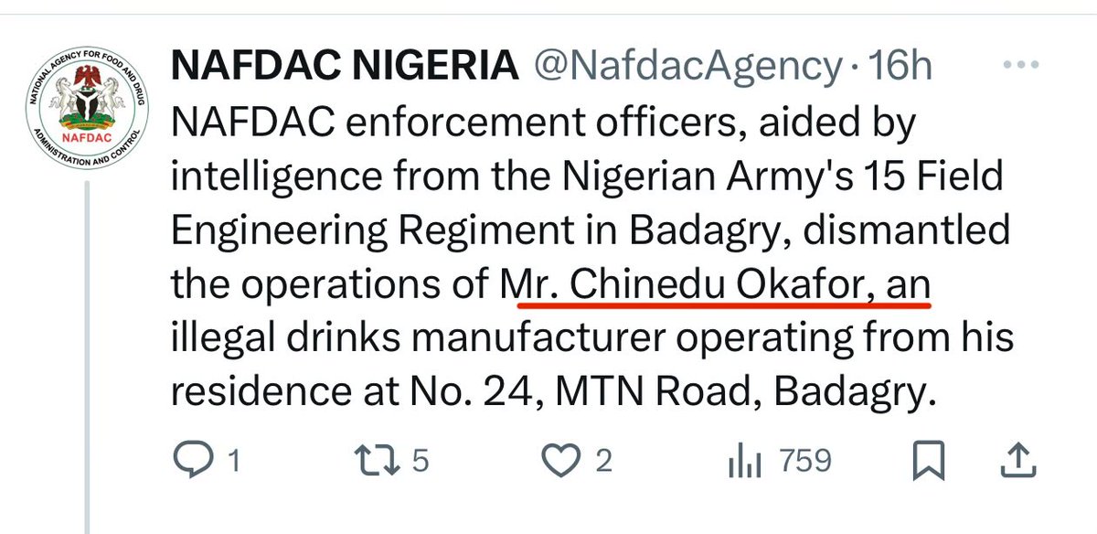 The suspect’s name is published on NAFDAC’s handle. So, where is the propaganda? Una well done 🙌🏽