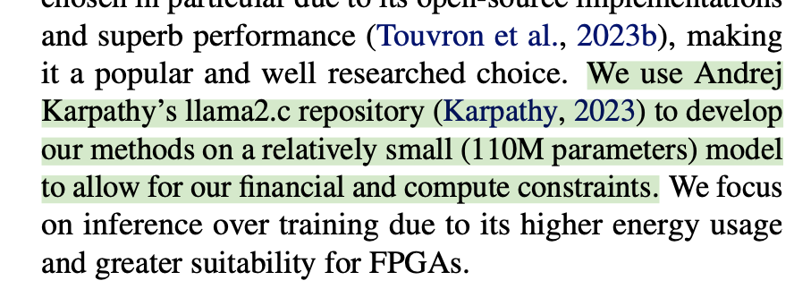 I love open source. @karpathy open sourced llama2.c - it's been compiled into an FPGA running LLaMa 2 for energy efficient inference 🤯 -you never know what'll happen when you put great code into the commons! Arxiv: arxiv.org/abs/2405.00738 FPGA Project: github.com/HLSTransform/s…