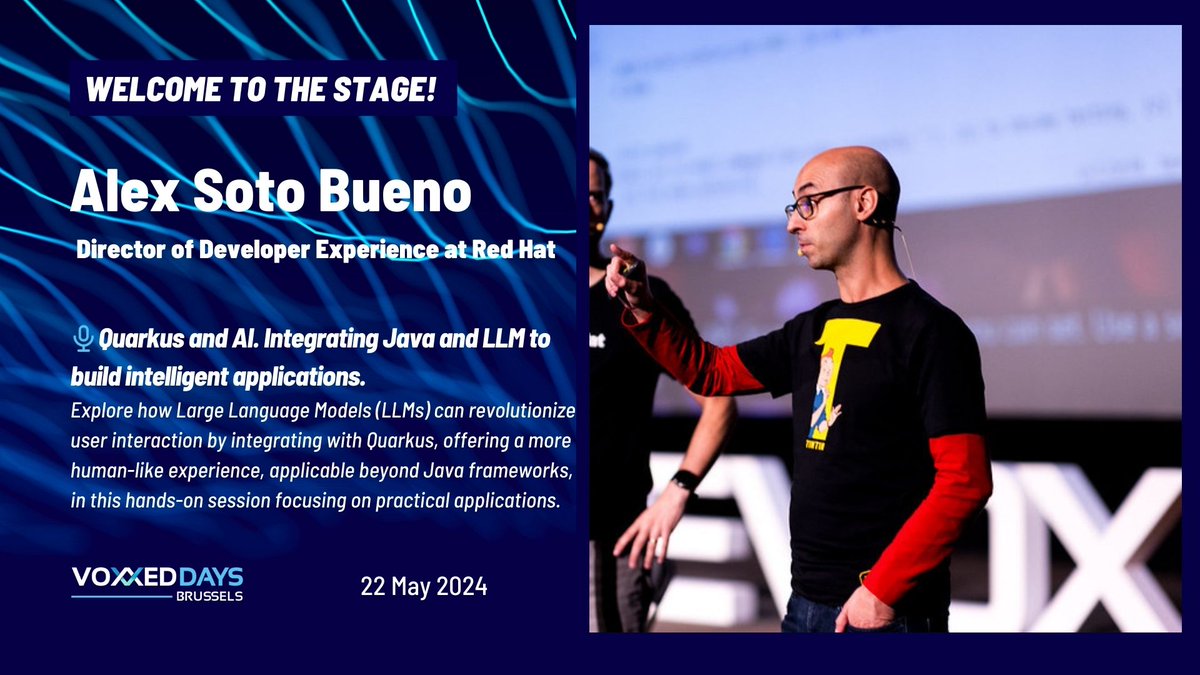 VoxxedBrussels's tweet photo. Meet @alexsotob at #VoxxedDaysBrussels as he explains the exciting realm of LLMs and Java integration, exploring practical applications for enhancing user experience and interaction with Quarkus and beyond. 🚀 Don't miss out! ➡️https://t.co/DxeiF79YiR https://t.co/CFRVkb2nAk