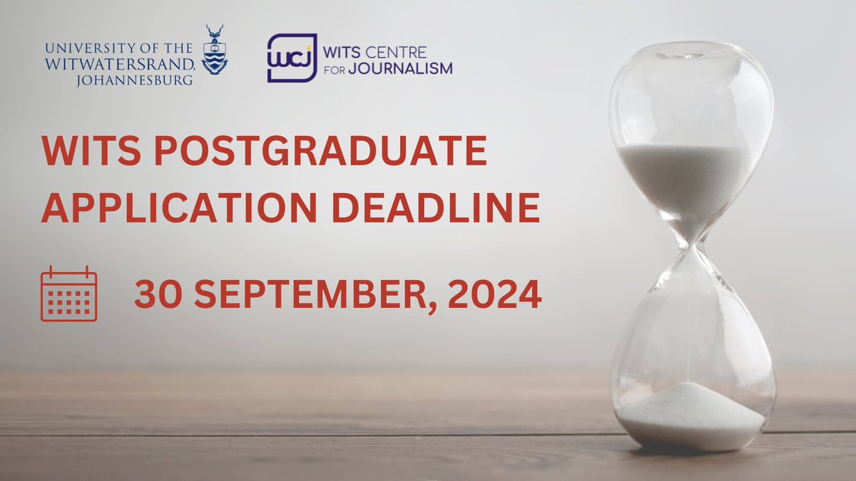 APPLICATION DEADLINE: If you plan to further your studies with the Wits Centre for Journalism in 2025, please note that applications should reach @WitsUniversity no later than 30 September, 2024. 

🎓 See an overview of the WCJ study programmes here: bit.ly/3QcwZl0
