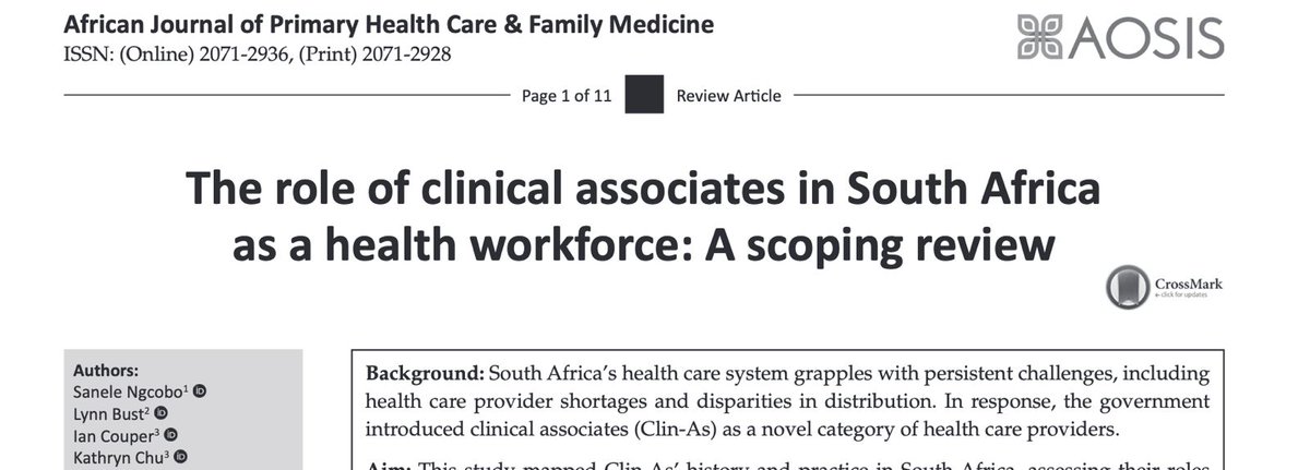 Clinical associates are mid-level health providers in South Africa but their role remains undefined and under supported. Contrast that to clinical officers in SSA that have been trained to do surgery. We need to up our game South Africa! tinyurl.com/yp8vkdch