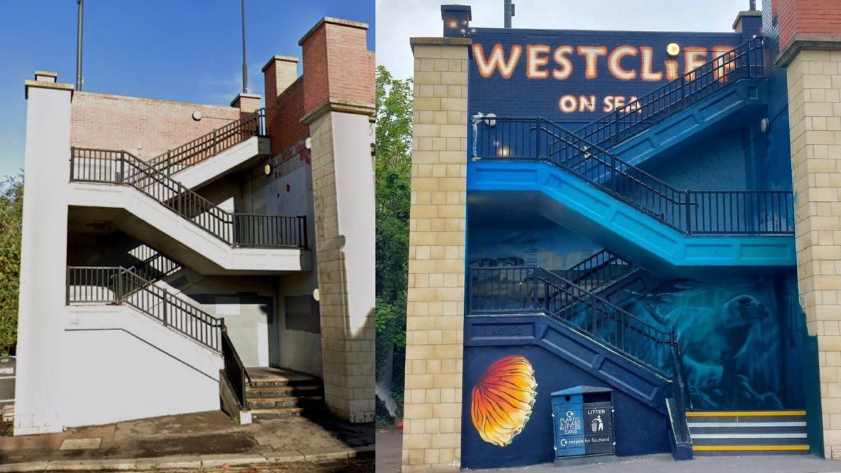 An “unpleasant and dilapidated stairway” in Westcliff has been given a new paint job by artists! The mural has been revealed today, next to Westcliff station. Which other places in Westcliff need some attention?