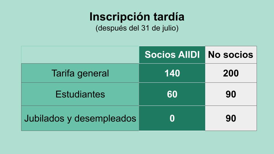 ¿Quieres beneficiarte de un descuento en tu inscripción a nuestro congreso?
Si eres soci@ de la aiidi, estudiante, jubilado o desempleado, te corresponden tarifas reducidas. Además, si realizas tu inscripción antes del día 31 de julio tienes descuento por inscripción anticipada.