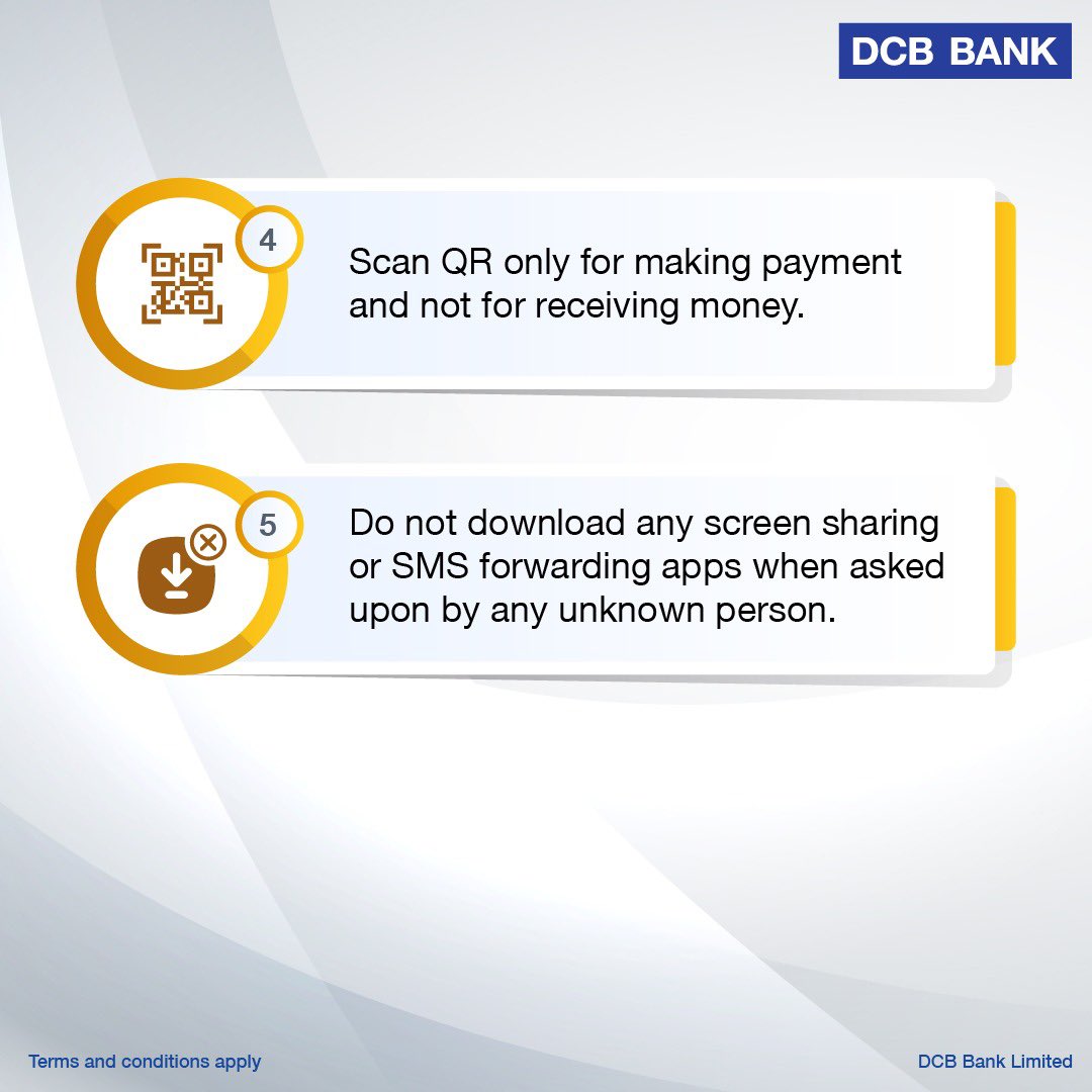 Swipe away the stress of UPI payments with UPI safe usage tips. Shield your money by following these tips while making payments on UPI.🛡️ 
For more details, kindly contact DCB Customer Care 022-6899 7777, 040-6815 7777 or email customercare@dcbbank.com.

#DCBBank #SecurePayments