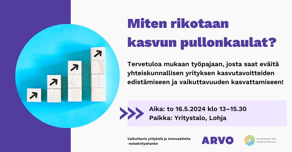 Hei #Lohja'n seudun yhteiskunnalliset ja missiolähtöiset yritykset, yhdistykset, säätiöt sekä yritysneuvojat ja -kehittäjät! 👋
Työpajassa 16.5. etsitään eväitä yritysten kasvutavoitteiden edistämiseen ja vaikuttavuuden kasvattamiseen. 🚀 Tule mukaan 👇

forms.office.com/pages/response…