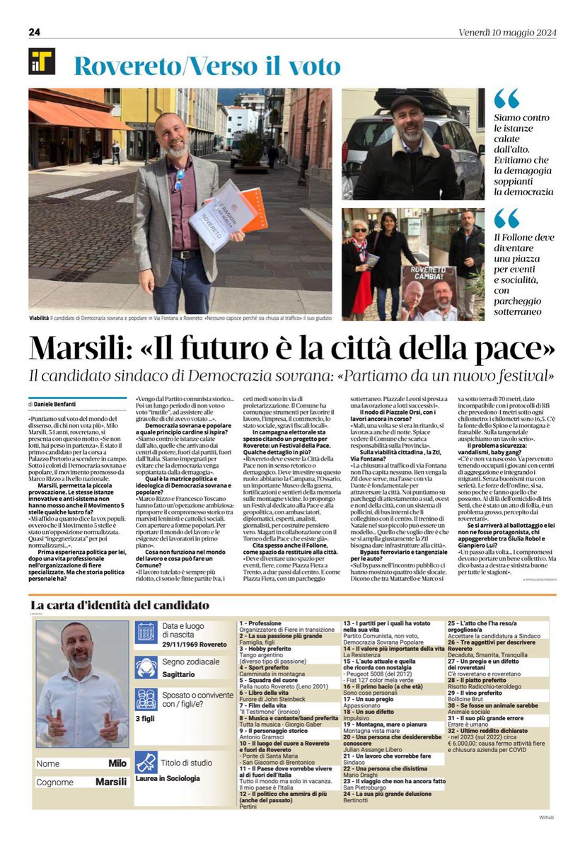 Milo Marsili candidato a sindaco di Rovereto (TN) per Democrazia Sovrana Popolare