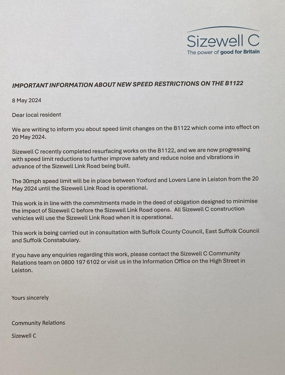 🔶 #SuffolkCoastal residents this letter’s news needs your consideration. The B1122 from #Yoxford to #Leiston & @sizewellc will be rescheduled to become 30mph until further notice & the new road network. It will take effect from 20 May 2024 @LibDems keeping you informed