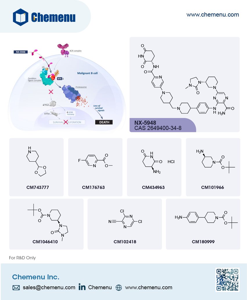 LinkchemL's tweet image. Nurix announced the presentation of the first findings of clinical responses in the brain for NX-5948. chemenu.com/col/NX-5948.ht… 👇

#Chemenu #Nurix #NX-5948 #orallybioavailable #brainpenetrant #smallmoleculedegrader #BTK  #drugdiscovery #buildingblocks