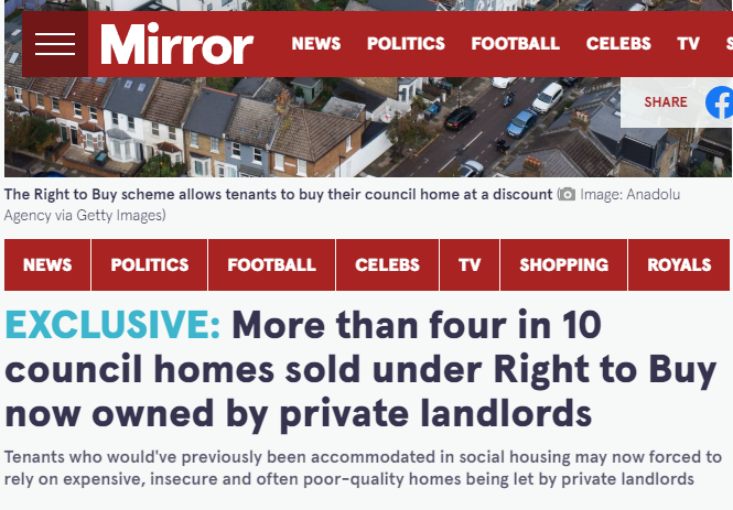 .@NEF FoIs reveal the scale of homes lost to the private rented sector through Right to Buy Worst hit areas include: 86% of homes sold under RtB in Brighton 73% in Milton Keynes 59% in Dover We advocate local powers to limit/suspend RtB, as @AndyBurnhamGM called for this week