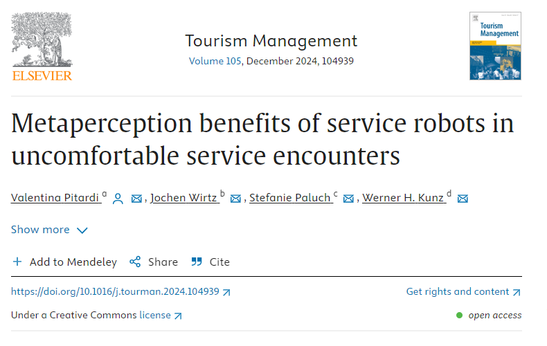 SurreyCoDE's tweet photo. 📚🚀 #paperFriday 🚀📚
Congratulations to #CoDe member, Dr Valentina Pitardi, on the acceptance of her paper titled "Metaperception benefits of service robots in uncomfortable service encounters" in Tourism Management (4* ABS)! 

Link: https://t.co/0ZQ8Hs528o https://t.co/p4FdyPMy5X