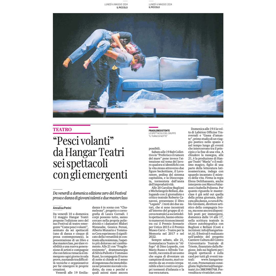Domani sera portiamo "AFFOGO" di Dino Lopardo a <a href="/HTeatri/">Hangar Teatri Trieste</a> a #Trieste.

Su <a href="/il_piccolo/">Il Piccolo</a> 👇📰

Info e biglietti qui: hangarteatri.com/evento/affogo/