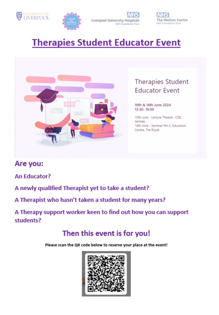 Therapies Student Educator Event; open to Therapy Staff from @LivHospitals & @WaltonCentre. To register scan the QR code or follow this link forms.office.com/Pages/Response… #Therapies #Educator #Intergration