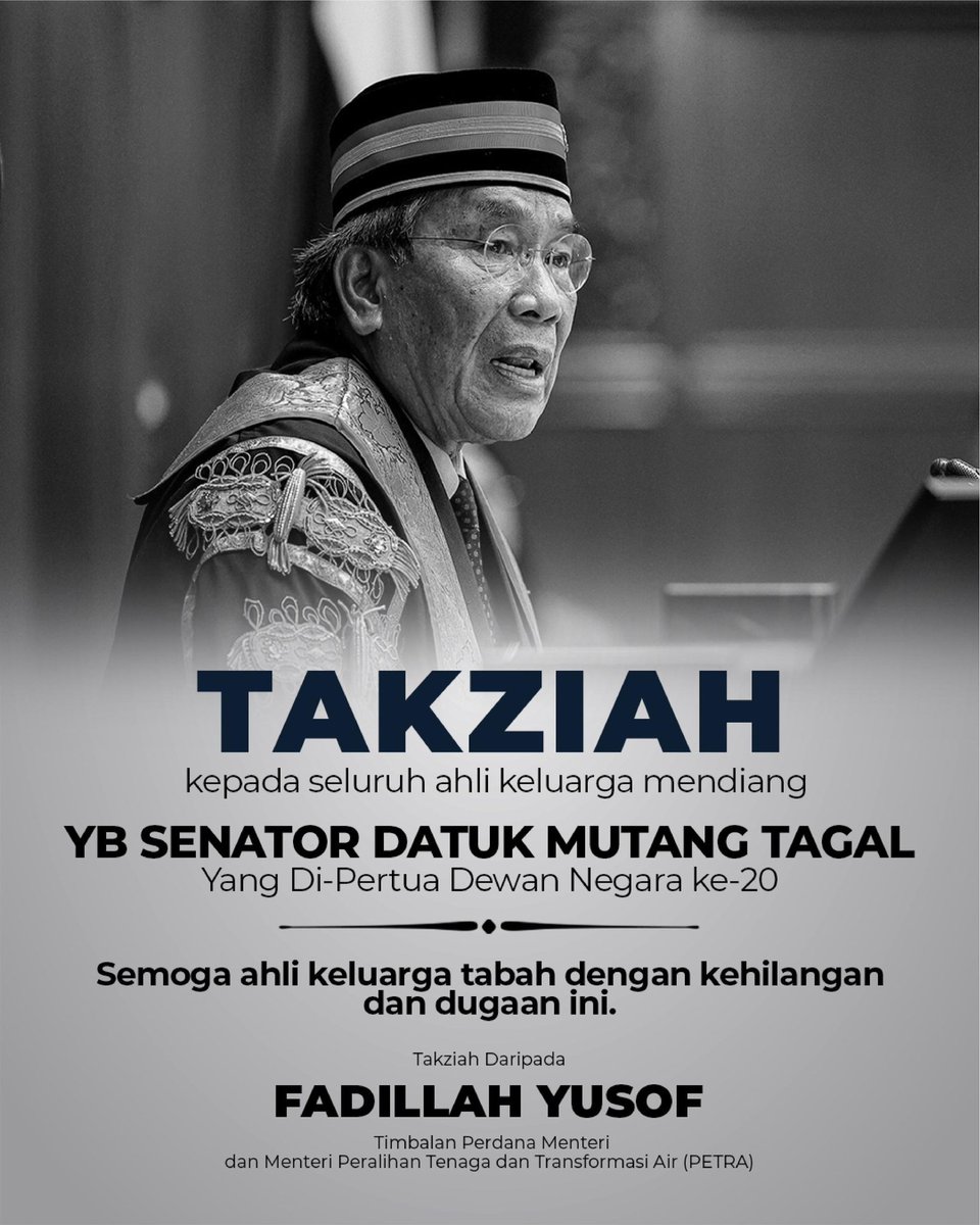 Sedih dan dukacita atas pemergian YB Senator Datuk Mutang Tagal, Yang Dipertua Dewan Negara, yang telah meninggal dunia pada jam 11.46 pagi ini, Jumaat 10 Mei 2024, di Institut Jantung Negara, Kuala Lumpur. Salam takziah saya ucapkan buat seluruh ahli keluarga mendiang. Moga