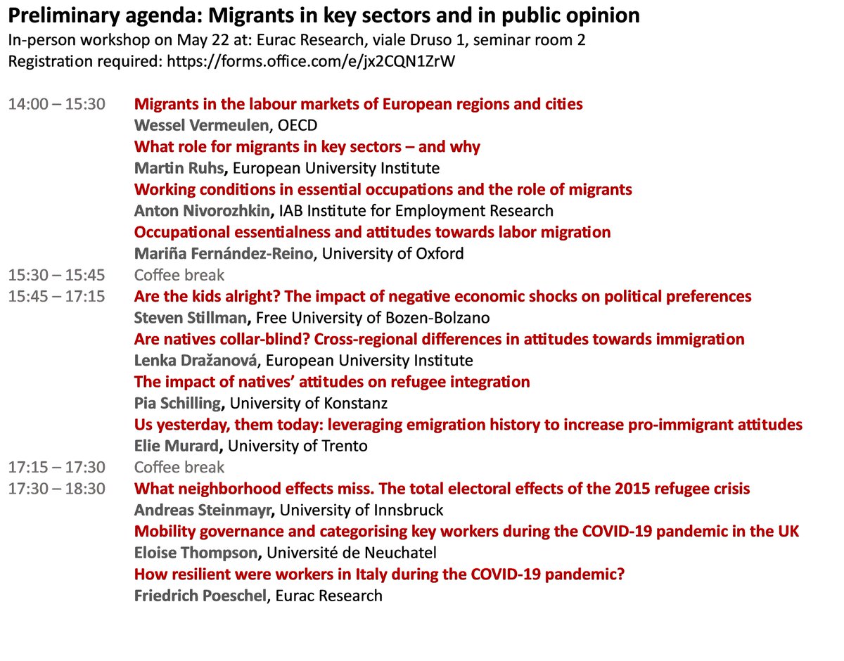 🌍 Join us on May 22nd at Eurac, seminar room 2, for a Workshop on '#Migrants in key sectors and in public opinion.' 
Gain insights, share perspectives, and explore the crucial role of migrants in our society. 

Registration required: forms.office.com/e/jx2CQN1ZrW