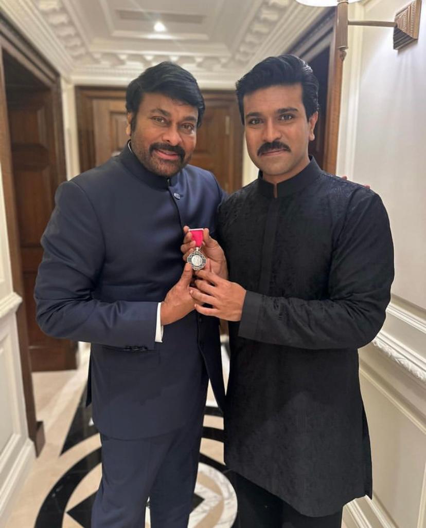 An ode to greatness as Global Star #RamCharan strikes a pose with the medal with Mega Star dad @KChiruTweets on being awarded the Padma Vibhushan 🔥 #PadmaVibhushanChiranjeevi #Chiranjeevi #GlobalStarRamCharan #GameChanger #RC16 #RC17 #DrRamCharan #Chiranjeevi @alwaysramcharan
