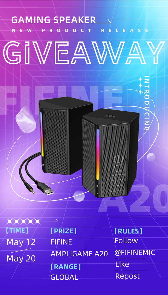 🎆Celebrate the release of our latest gaming speaker, FIFINE AmpliGame A20, with a special giveaway!🔊

To enter, simply:
➡️Follow @FIFINEMIC
➡️Like & Repost

⏰Ends on May 20th! Two winners will be announced later. Team up with A20's innovative sound ahead of others in games!