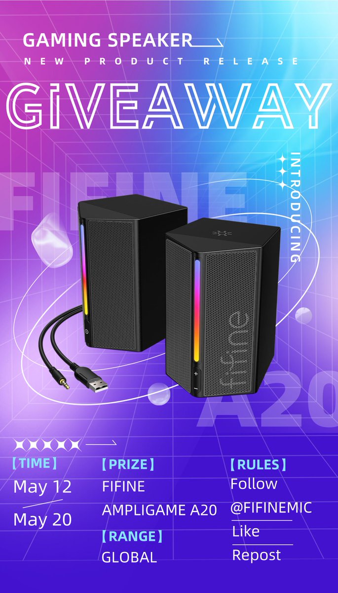 FIFINEMICROPHONE (@fifinemic) on Twitter photo 🎆Celebrate the release of our latest gaming speaker, FIFINE AmpliGame A20, with a special giveaway!🔊
To enter, simply:
➡️Follow <a href="/FIFINEMIC/">FIFINEMICROPHONE</a>
➡️Like & Repost
⏰Ends on May 20th! Two winners will be announced later. Team up with A20's innovative sound ahead of others in games! 🎆Celebrate the release of our latest gaming speaker, FIFINE AmpliGame A20, with a special giveaway!🔊
To enter, simply:
➡️Follow <a href="/FIFINEMIC/">FIFINEMICROPHONE</a>
➡️Like & Repost
⏰Ends on May 20th! Two winners will be announced later. Team up with A20's innovative sound ahead of others in games!