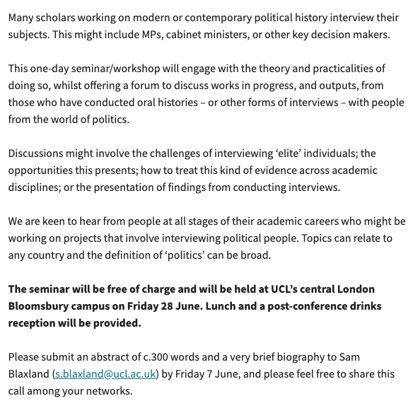 New call for papers! Oral history and politics: a one-day workshop Friday 28th June 2024 @ UCL Send abstracts to @SamBlaxland More info here: mailchi.mp/ddc1b323cffa/h… Pls share! @PolStudiesAssoc @psa_parl @psa_ecn @psaepop @PSAWomenPol