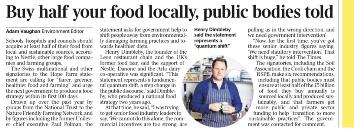 Next government needs to draw up food strategy in first 100 days to shift people towards greener farming and healthier food, says Hope Farm statement backed by Nestle, Danone, @HenryDimbleby, @PaulPolman @LinesMartin & many more