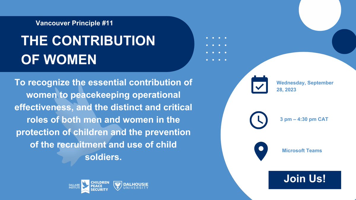 Join us as we discuss the Vancouver Principle #11: on the vital role and contribution of women to peacekeeping operational effectiveness and to preventing the recruitment and use of children in armed violence and armed conflict situations.

REGISTER HERE: bit.ly/3UBS6hA