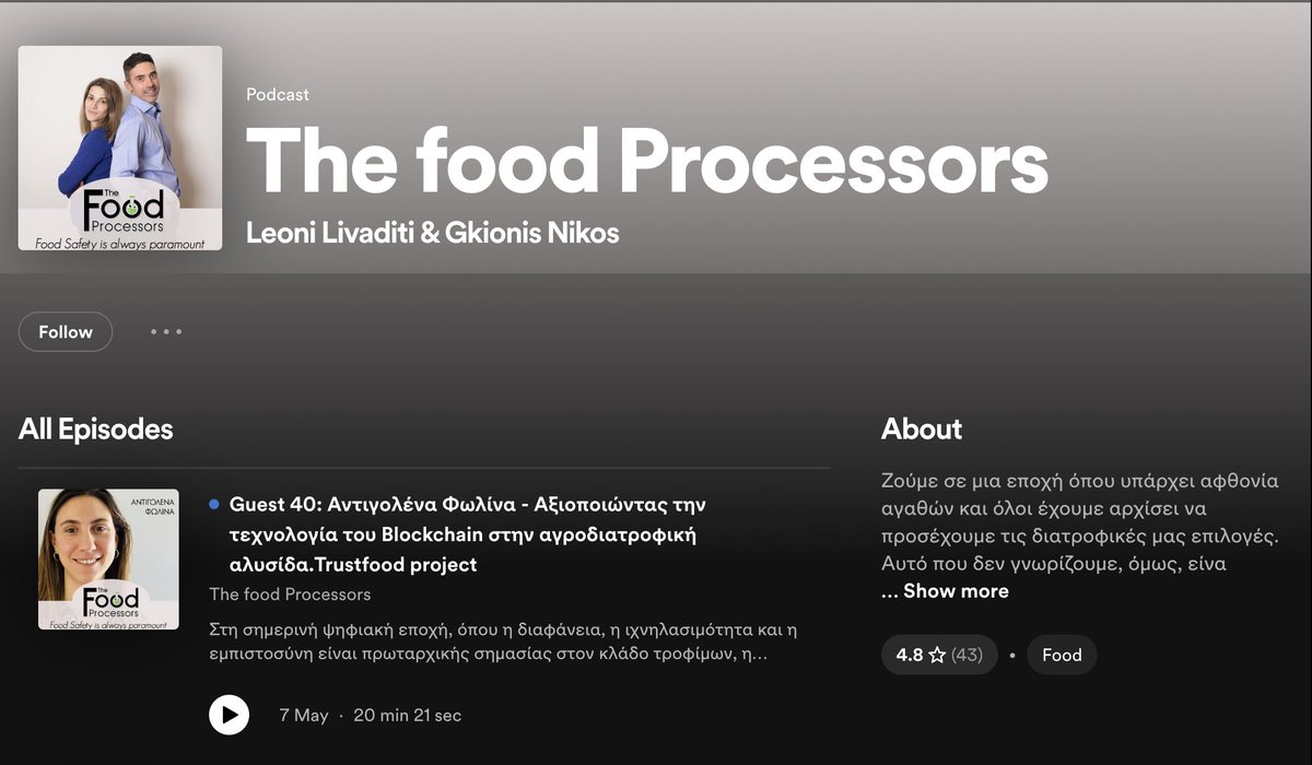 🚀 TRUSTFOOD's episode in The food processors series has just dropped! Dive deep into the realm where food meets technology, uncovering groundbreaking insights and strategies.​

🔊 Listen here in Greek: open.spotify.com/show/7Bibsj2yT…

 #TRUSTFOOD #blockchain #DigitalEU @REA_research