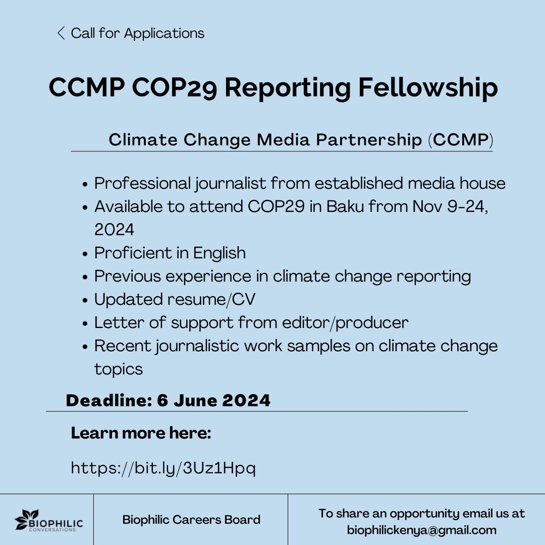 🌎 Calling all climate change reporters ! The Climate Change Media Partnership (CCMP) is offering the chance to cover COP29 in Baku, Azerbaijan from Nov 11-22, 2024. covering the UN Climate Change Conference. By : June 6, 2024. Apply & learn more: bit.ly/3Uz1Hpq