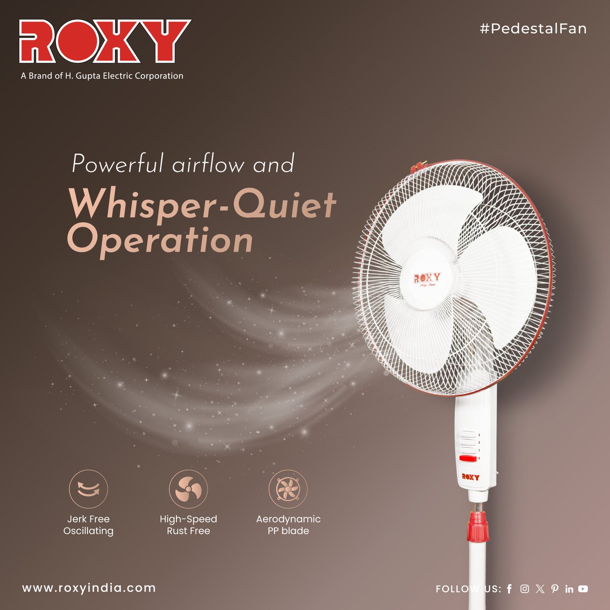Cool down in peace with the Pedestal fan from Roxy Home Appliances. Its powerful airflow and whisper-quiet operation make it the perfect companion for any room.