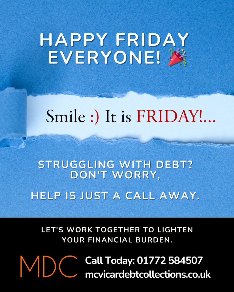 Happy Friday everyone! 🎉
Struggling with debt? Don't worry, help is just a call away.
Let's work together to lighten your financial burden.

#UKBusiness #friday #DebtCollectionUK #UKEntrepreneurs #SmallBusinessUK #UKStartup #BusinessDebtUK #UKBiz #BusinessOwnersUnited