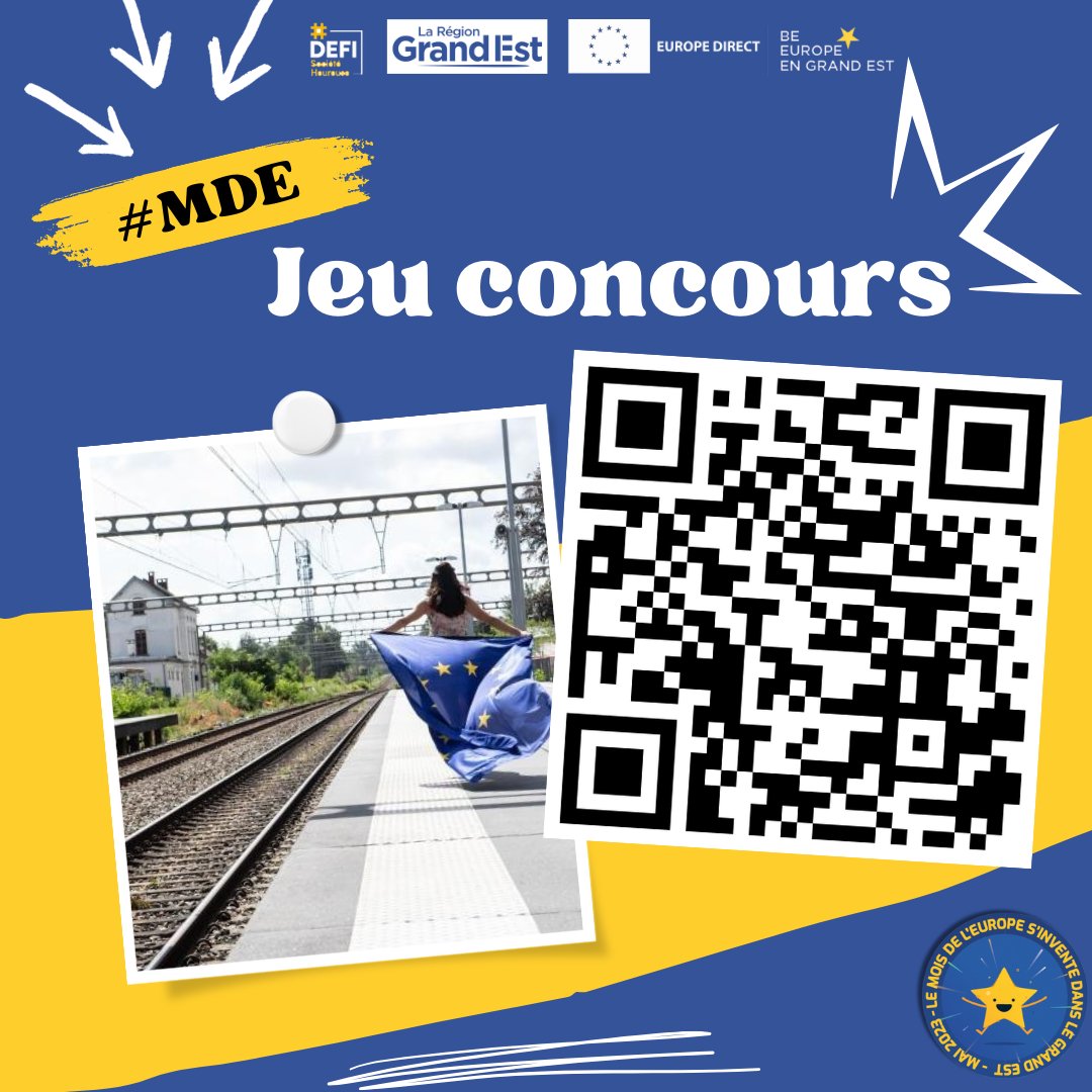 🏆Ne manquez pas notre grand #concours du #MoisdelEurope et tentez de gagner 2 pass Interrail ! 🚄  
😎Pour participer, rien de plus simple ! Suivez le lien ou scannez le QR code et répondez au petit sondage (3 questions, pas plus !)  
 
#europedirect