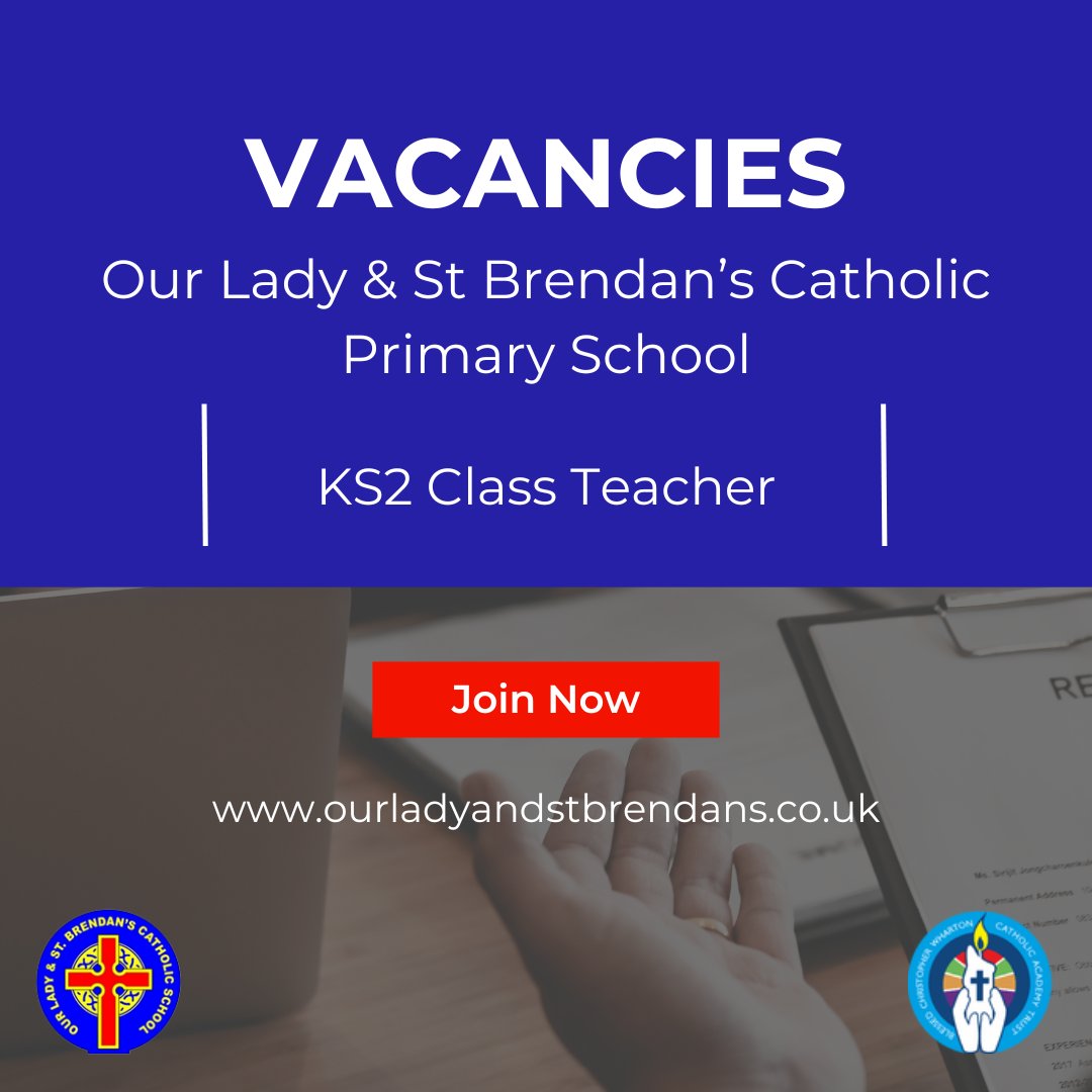 🔍Vacancies 🏫 Our Lady & St Brendan's Catholic Primary School: 👩‍🏫KS2 Class Teacher Visit our website to view vacancies across our Trust: 🔗bcwcat.co.uk/vacancies