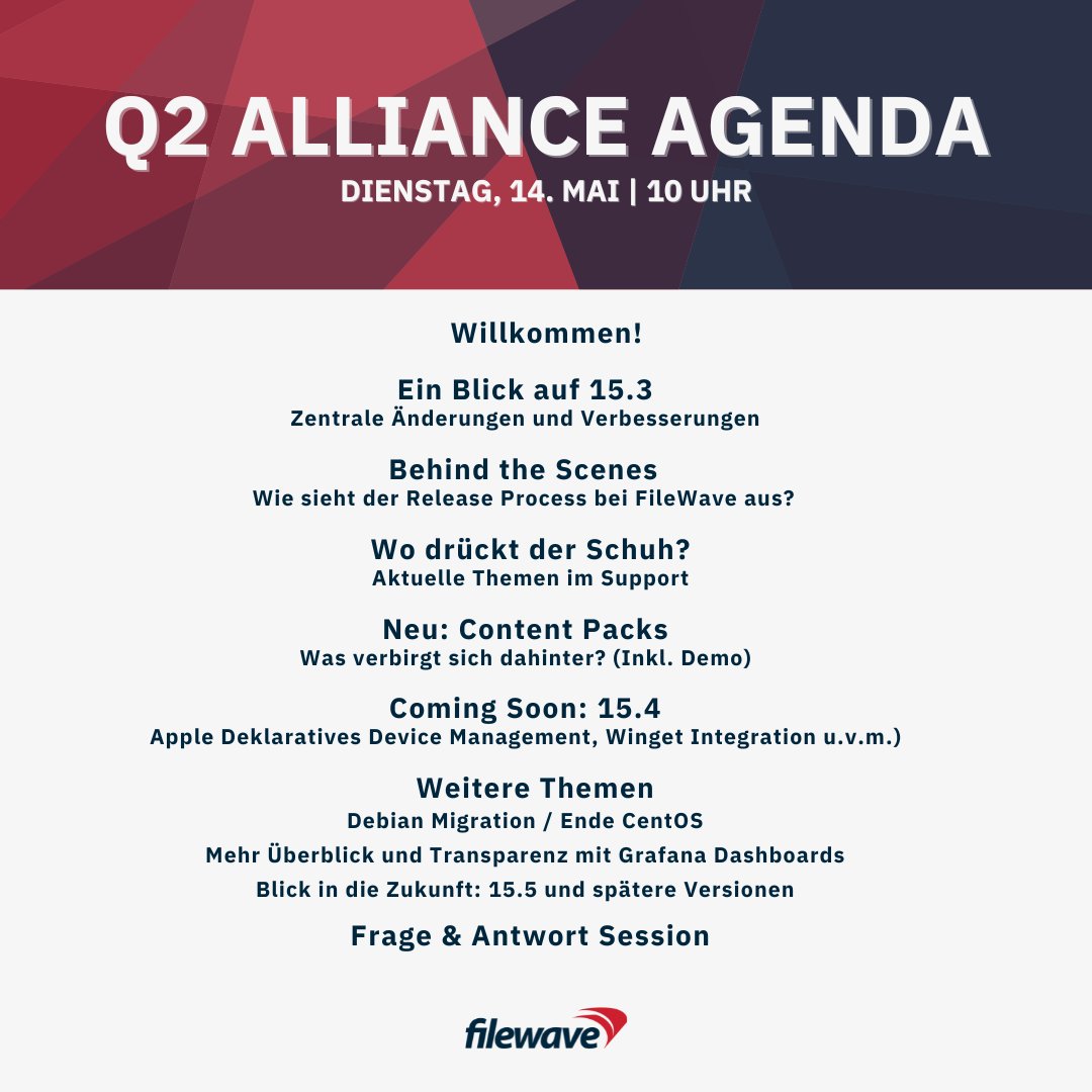 Nicht verpassen! Am kommenden Dienstag, den 14. Mai halten wir um 10 Uhr unser FileWave Alliance e-Meeting erstmals komplett in deutscher Sprache ab! 
Jetzt anmelden: hubs.ly/Q02wKWYd0