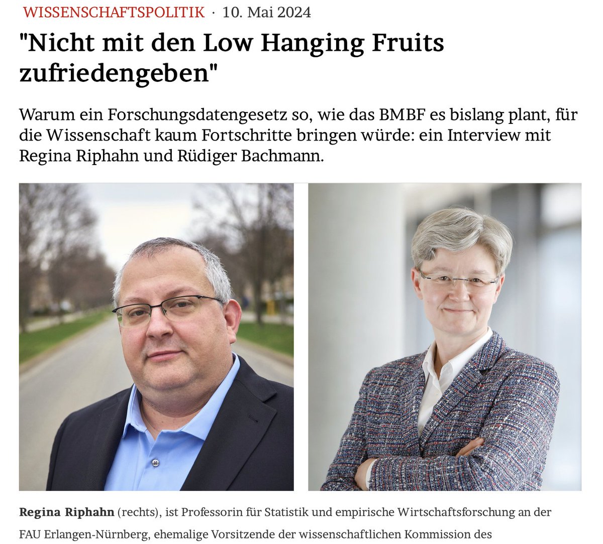 'Nicht mit den Low Hanging Fruits zufriedengeben' Warum ein #Forschungsdatengesetz so, wie das @BMBF_Bund es bislang plant, für die Wissenschaft kaum Fortschritte bringen würde: ein Interview mit Regina Riphahn und Rüdiger Bachmann. Im Blog: jmwiarda.de/2024/05/10/nic…