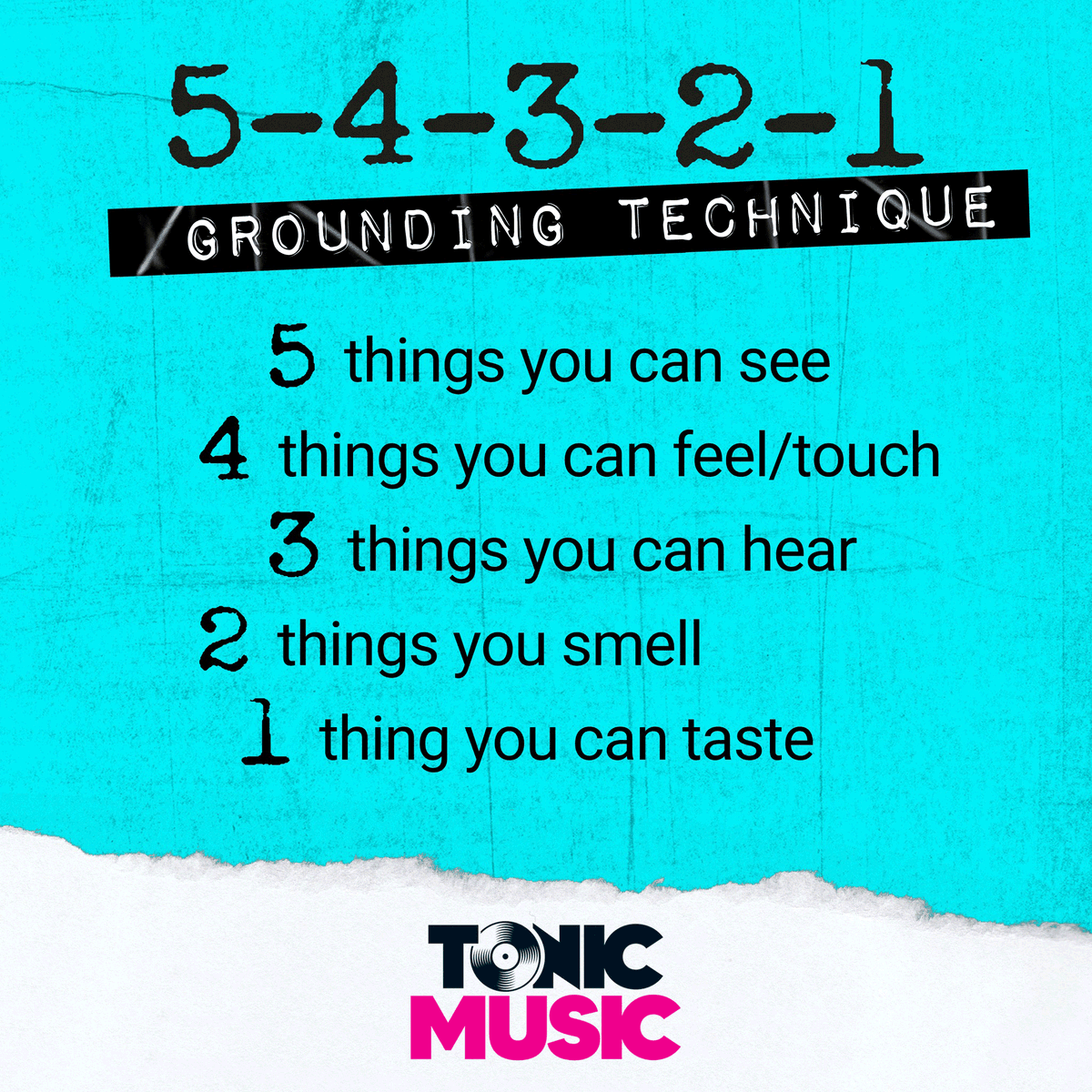 Grounding techniques help reconnect you back to the present moment when you’re feeling overwhelmed.
Give this one a go. Take a breath, stop and observe.

#MentalHealth #Music #Tonic
#TonicRider #NeverMindTheStigma