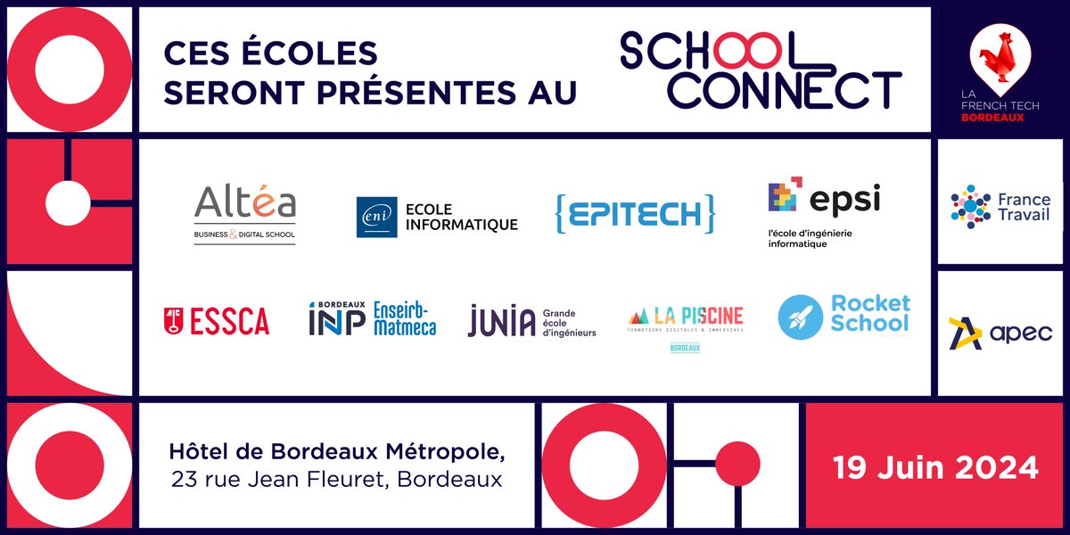 Rencontrez nos écoles partenaires lors du #SchoolConnect 🤝 Retrouvez Altéa Business School, @ENIEcoleInforma, @Epitech, @EPSI_Bordeaux, @ESSCA_Ecole, @ENSEIRBMATMECA, @Junia_ingenieur, @lapiscinebdx, @rocketschoolfr et bien d'autres 🚀 Inscrivez-vous 👉 lc.cx/feVGEDOahGn
