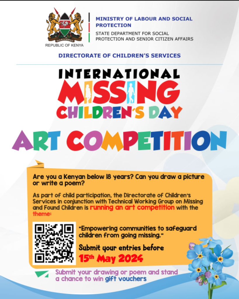 📣 Don't forget to enter the ongoing #InternationalMissingChildrenDay art competition! 🖌️🎨 To submit your artwork, simply: 1. Click here: docs.google.com/forms/d/1M5rvw… 2. Follow the submission guidelines 3. Upload your masterpiece! Good luck! 🌟 #IMCDKenya #IMCD2024