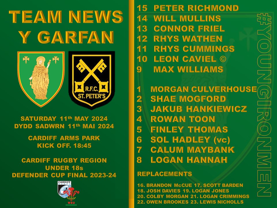 #TeamNews Our #YoungIronmen23 ahead of their trip into the capital tomorrow. Behind the 23, there's a wider squad of nearer 40, all playing their part 👌🏻 Support the boys! @stpetersrfc 📆 11th May 24 🕝 6.45pm 📍 Cardiff Arms Park 🏆 Cardiff Defender Cup #YoungIronmen 🖤💛💚