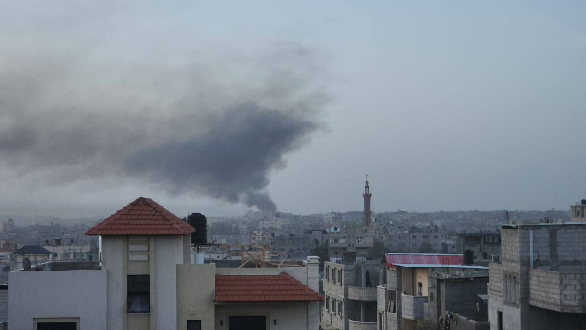 Plumes of smoke are rising from the Al-Shouka area, east of Rafah following the Israeli destruction of entire residential blocks in the area.