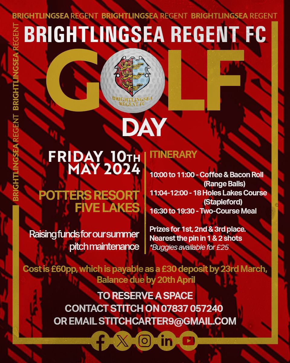 It’s Golf Day! 🏌️‍♂️ Good luck to all the players this morning, have a great round! ⛳️ Big shout out to Stitch Carter for all his hard work in organising! 👏 Let’s do this… #UpTheRs 🔴⚫️ #Brightlingsea #BRFC